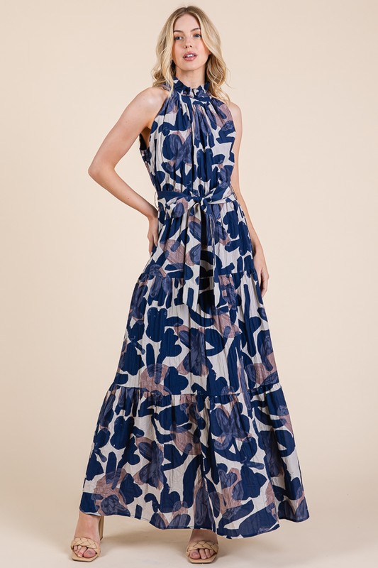Abstract Halter Neck Tie-Waist Tiered Maxi Dress - Navy Combo
