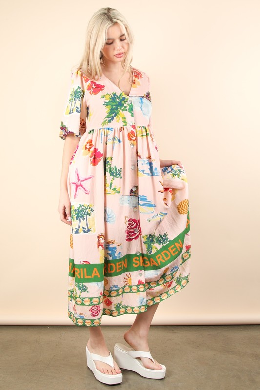 Button Down Printed Midi Dress - Blush Mix