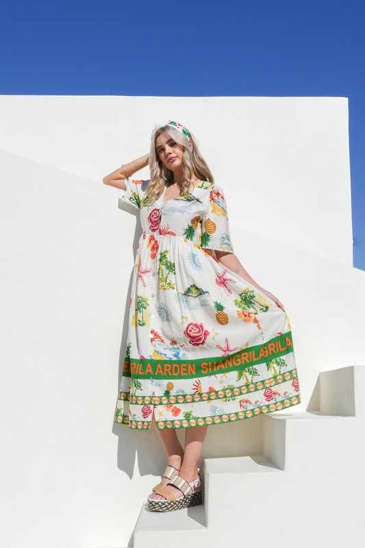 Button Down Printed Midi Dress - Ivory Mix