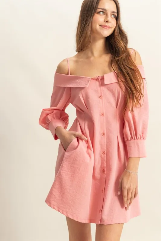 Button Down Spaghetti Strap Mini Dress with Pockets - Coral