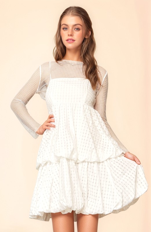 Checker Print Side Pockets Textured Mini Dress - White