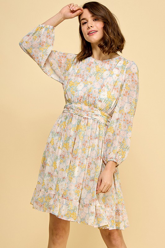 Chiffon Floral Print Belted Dress with Back Zipper - Blue Floral