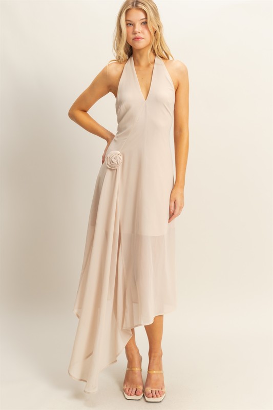 Chiffon Halter Asymmetrical Hem Dress - Champagne