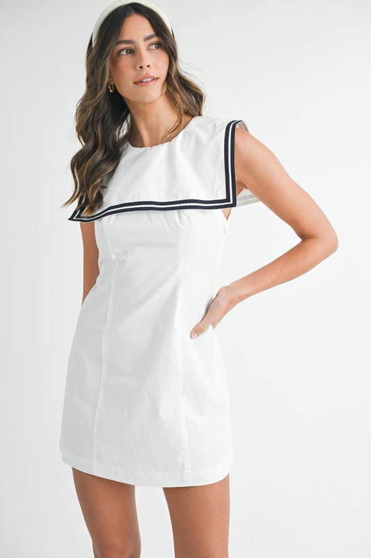 Contrast Piping Square Sailor Collar Mini Dress - Off White