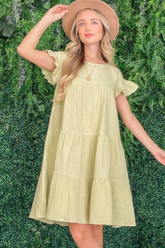 Cotton Gauze Baby Doll Casual Dress - Sage