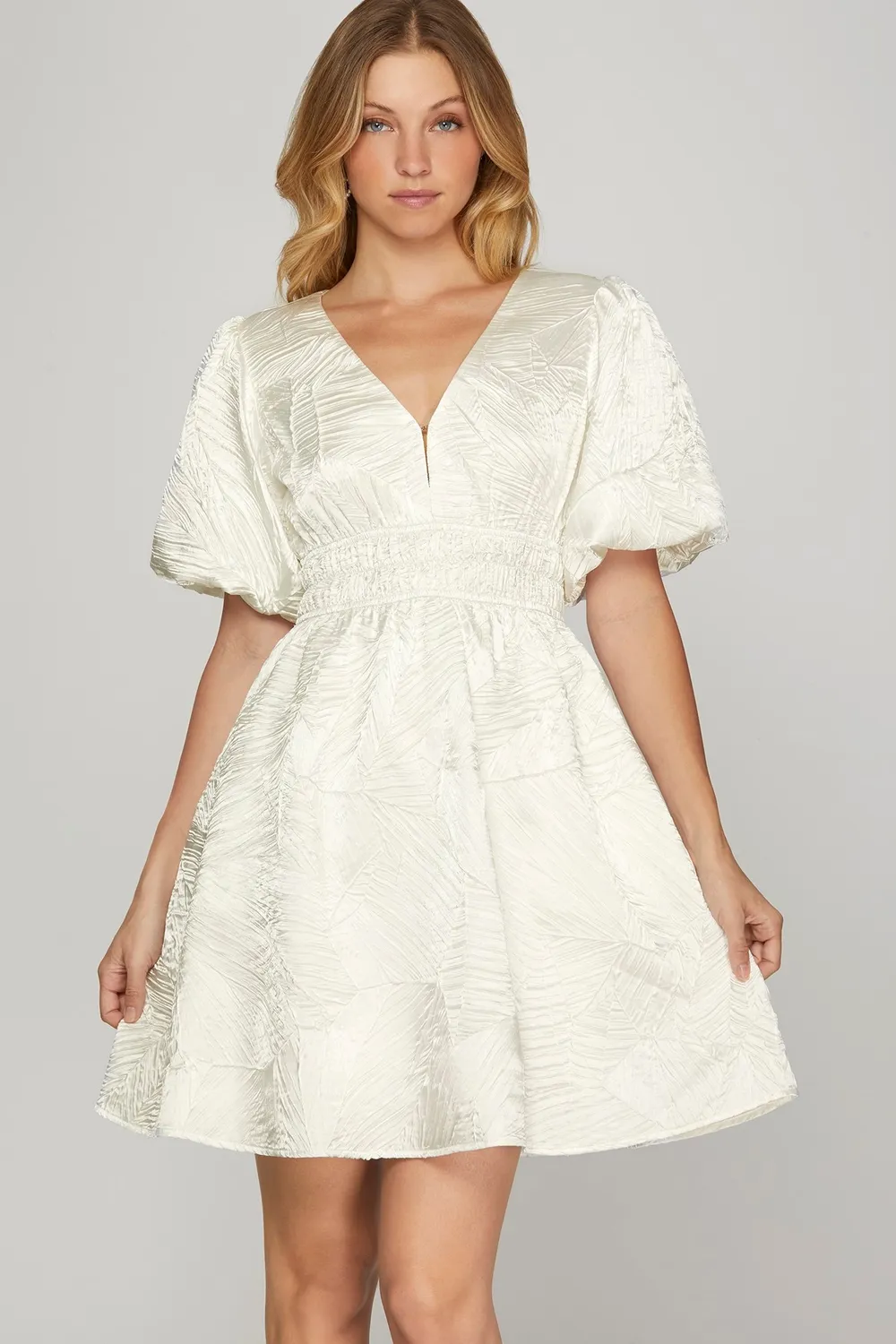 Crinkle Woven V-Neck Balloon Sleeve Mini Dress - Off White