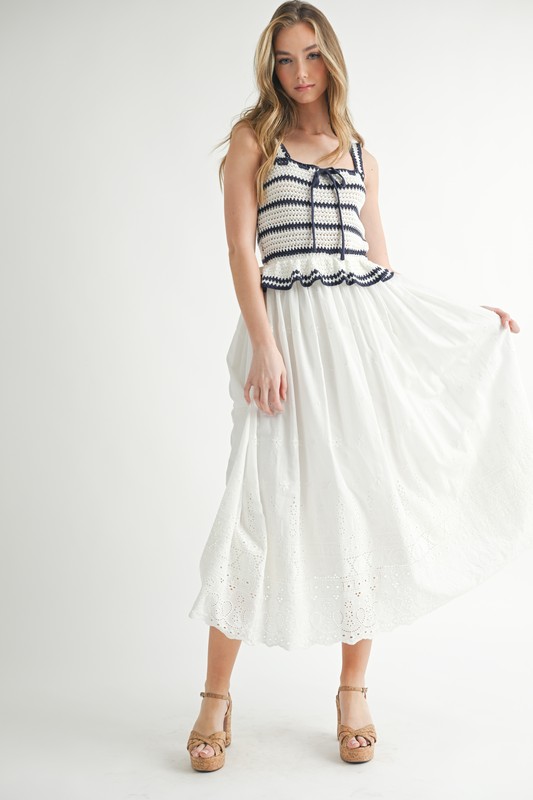 Crochet Stripe Knit Eyelet Mix Midi Dress - Off White