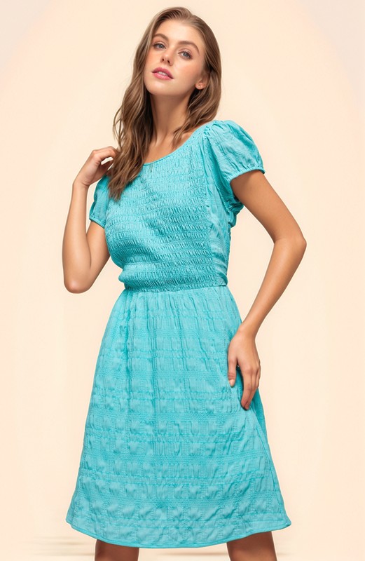 Crossed Back Short Sleeve Dress with Pockets - Aqua Blue