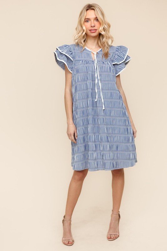 Double Ruffle Sleeve Dress with Side Pockets - Navy