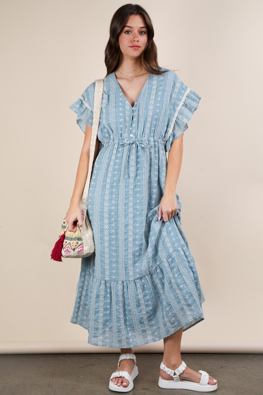 Embroidered Boho Ruffled Midi Dress - Blue
