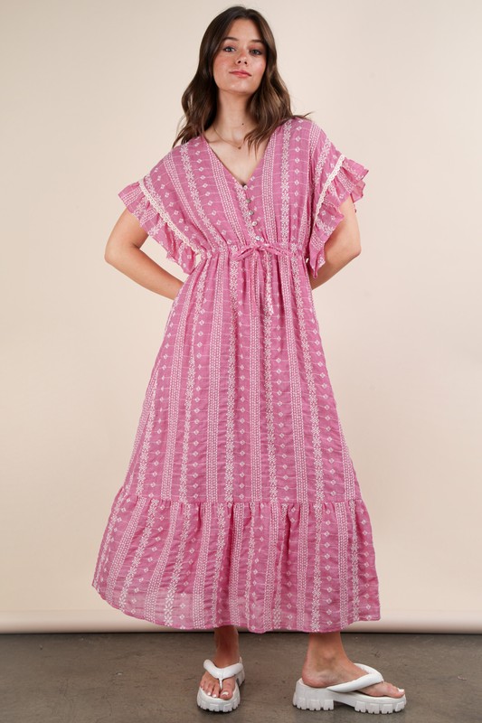 Embroidered Boho Ruffled Midi Dress - Fuchsia