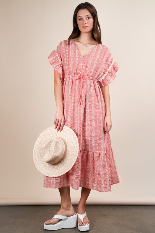 Embroidered Boho Ruffled Midi Dress - Peach