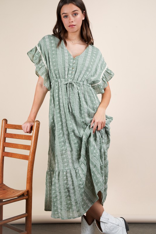 Embroidered Boho Ruffled Midi Dress - Sage