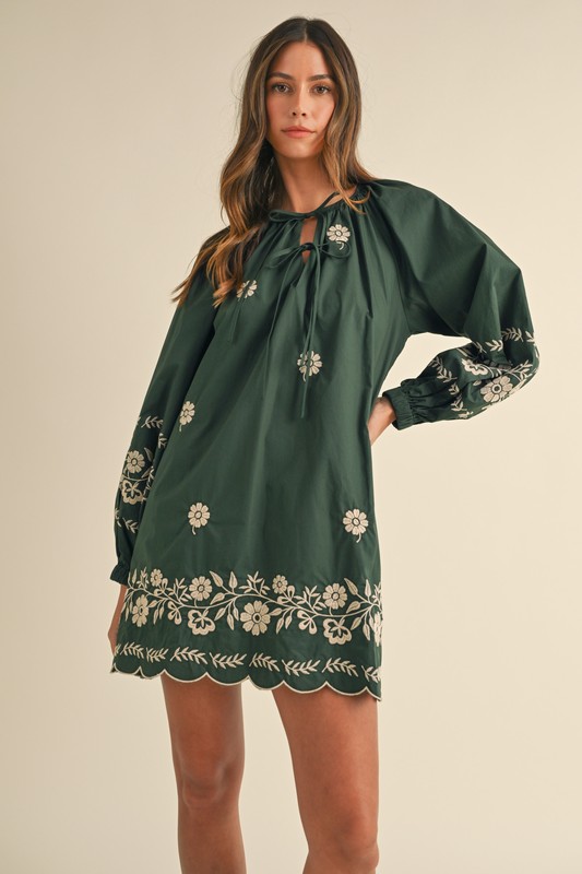 Embroidered Long Sleeve Peasant Mini Dress - Hunter Green