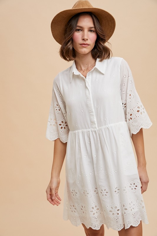 Embroidered Scallop Edge Detail Mini Shirt Dress - Ivory