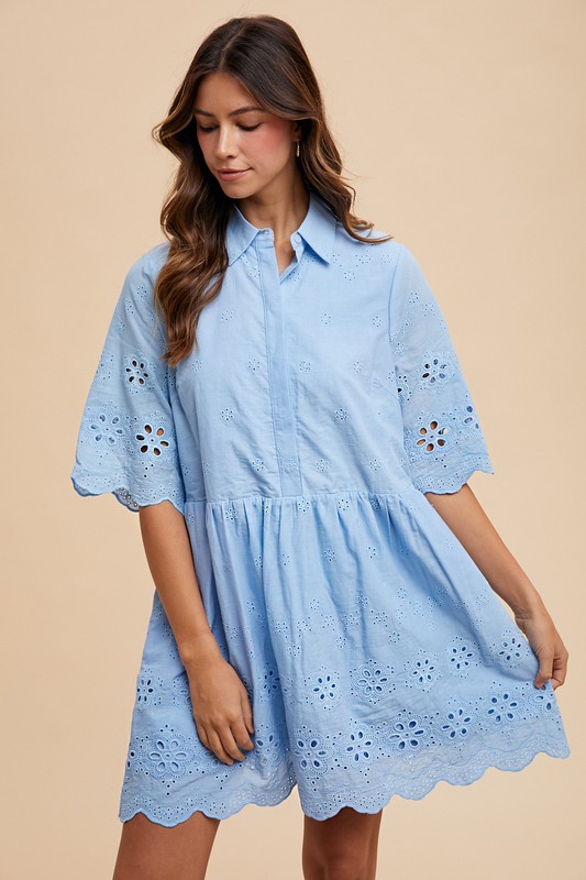 Embroidered Scallop Edge Detail Mini Shirt Dress - Sky