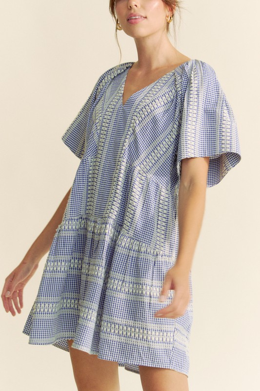 Embroidered Stripe Ruffled Gingham Mini Dress - Navy Blue