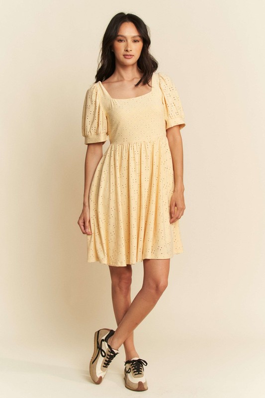 Eyelet Baby Doll Romantic Square Neck Dress - Baby Yellow