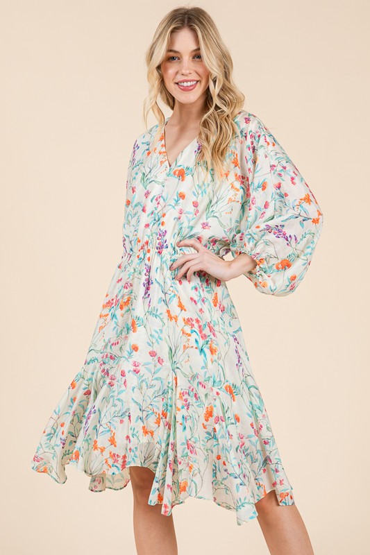 Floral Cinched Waist Balloon Sleeve V-Neck Dress - Ivory Floral