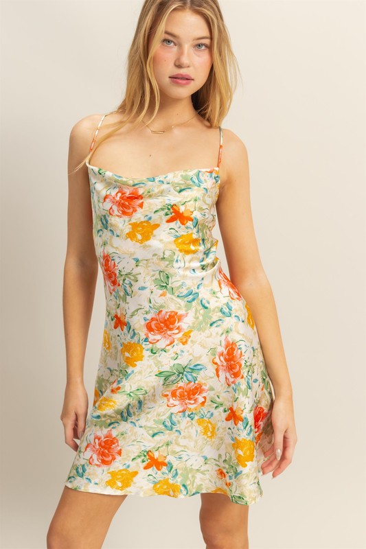 Floral Cowl Neck Flirty Satin Mini Dress - Apple Green