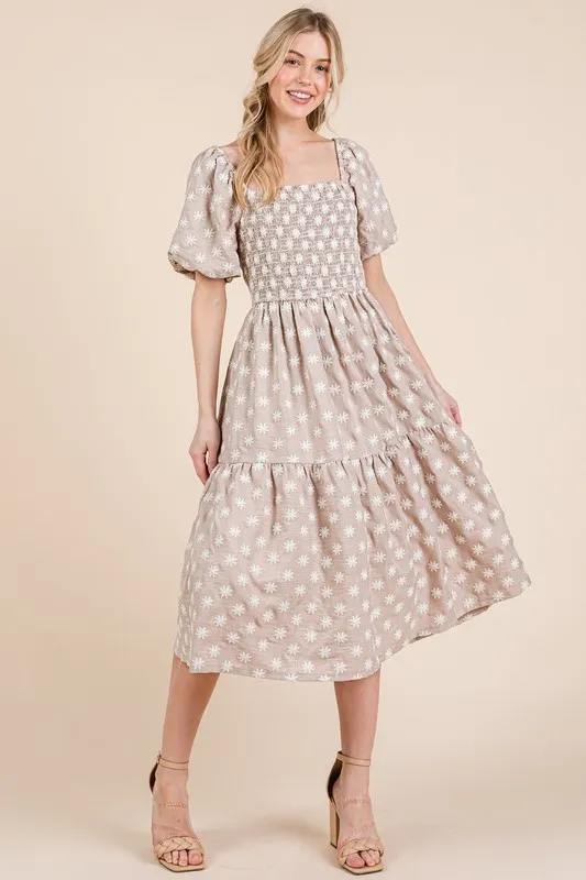 Floral Embroidered Smocked Puff Sleeve Tiered Midi Dress - Dust Storm