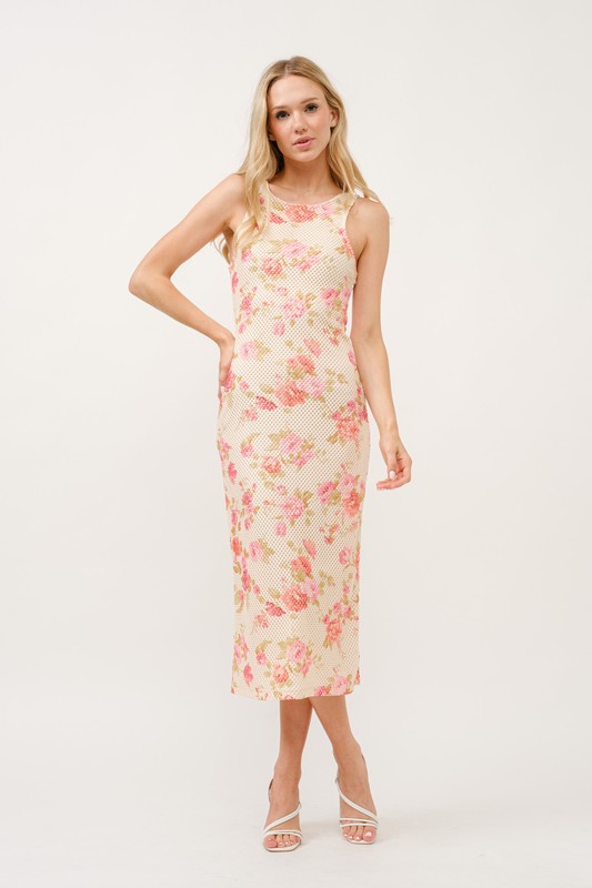 Floral Fishnet Bodycon Midi Dress - Multi