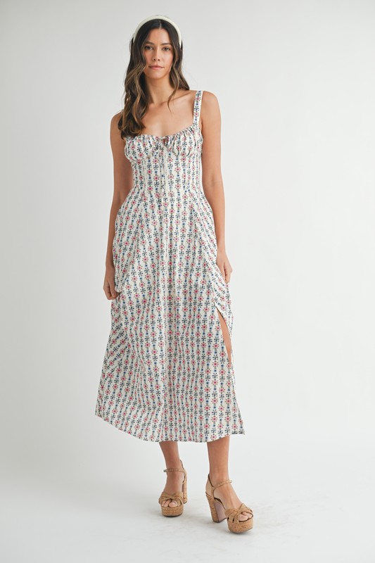 Floral Print Bustier Back Lace Up Midi Dress - Cream