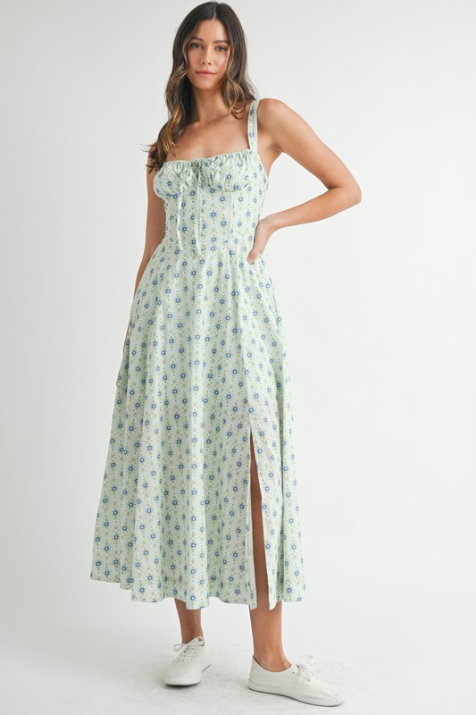 Floral Print Bustier Back Lace Up Midi Dress - Mint