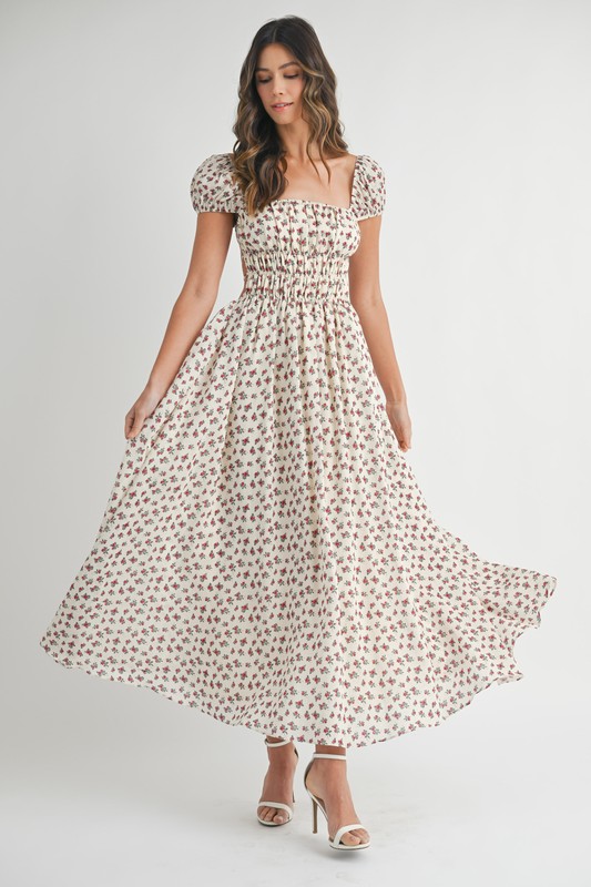 Floral Print Puff Sleeve Gathered Midi Dress - Red
