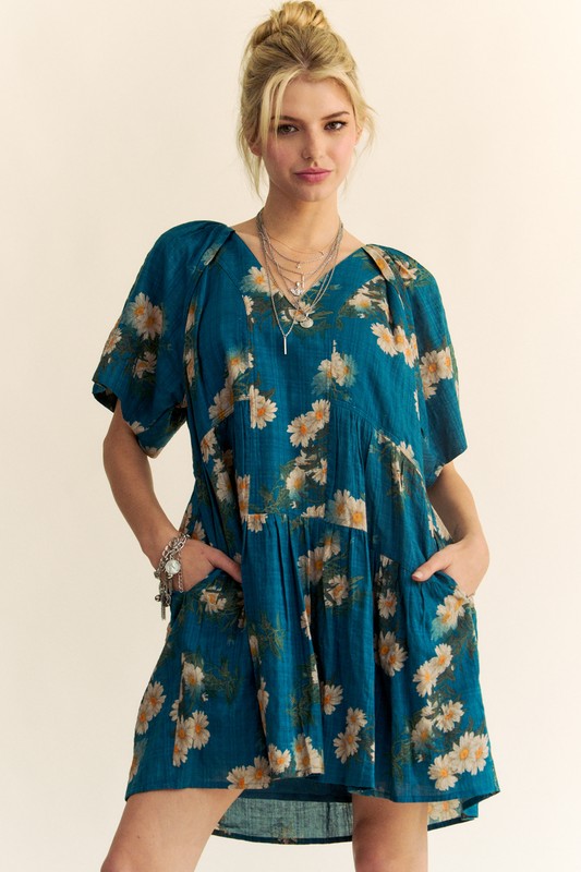 Floral Print Short Bell Sleeve Pleated Mini Dress - Teal Blue
