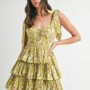 Floral Print Shoulder Tie Layered Mini Dress - Kiwi