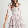 Floral Print Shoulder Tie Layered Mini Dress - Pink