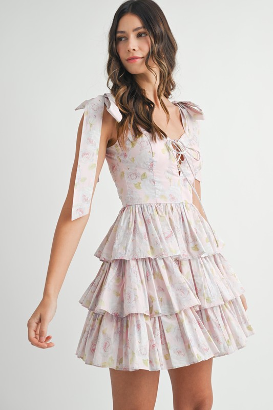Floral Print Shoulder Tie Layered Mini Dress - Pink