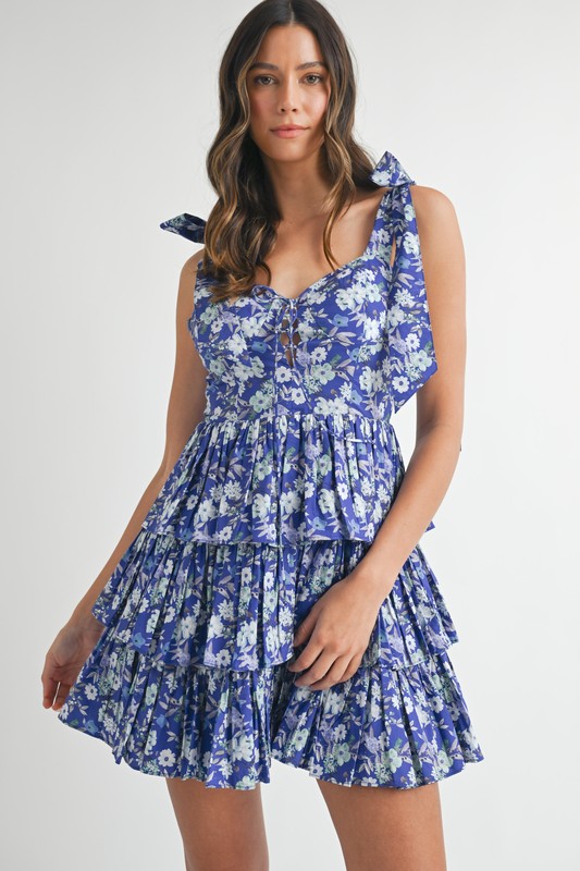 Floral Print Shoulder Tie Layered Mini Dress - Royal Blue