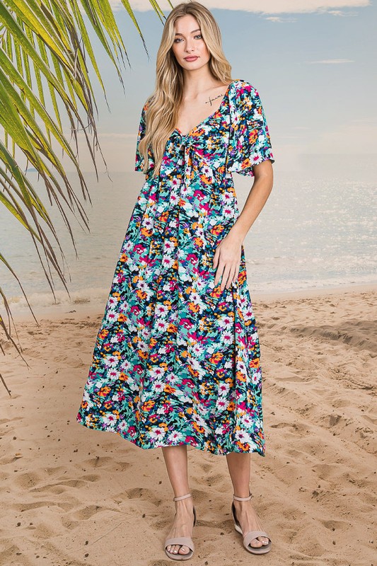 Floral Print Sweetheart Neck Tie Front Midi Dress - Black Combo