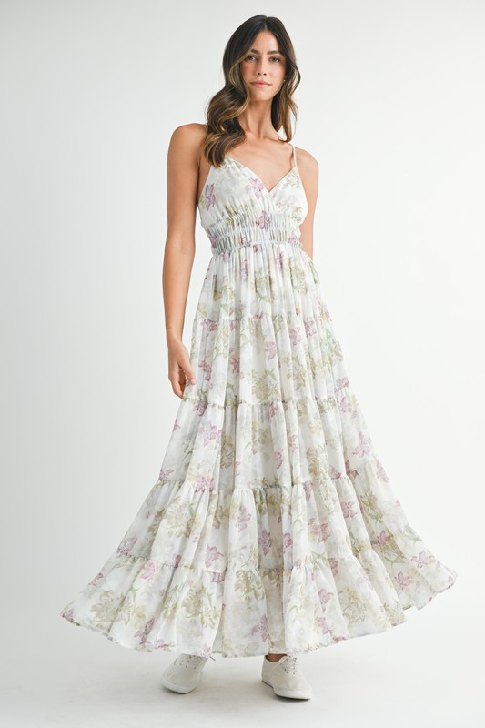 Floral Print Tiered Cami Maxi Dress - Green