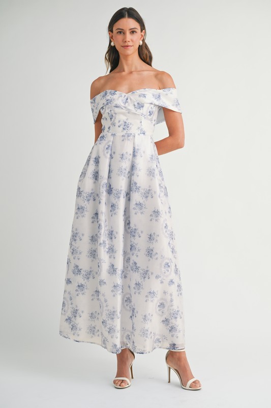 Floral Printed Off Shoulder Maxi Dress - Blue