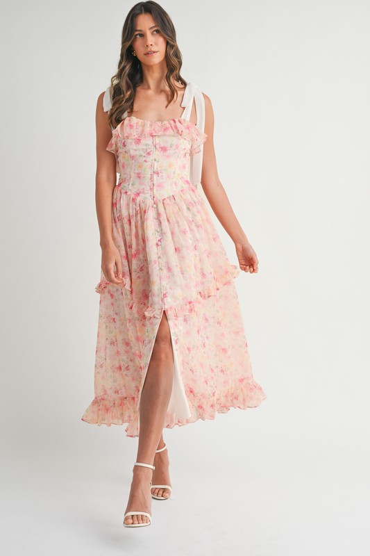 Floral Printed Shoulder Strap Midi Dress - Pink