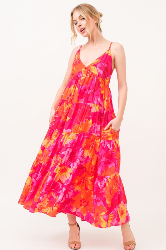 Floral Tiered Maxi Cami Dress with Pockets - Orange Multi