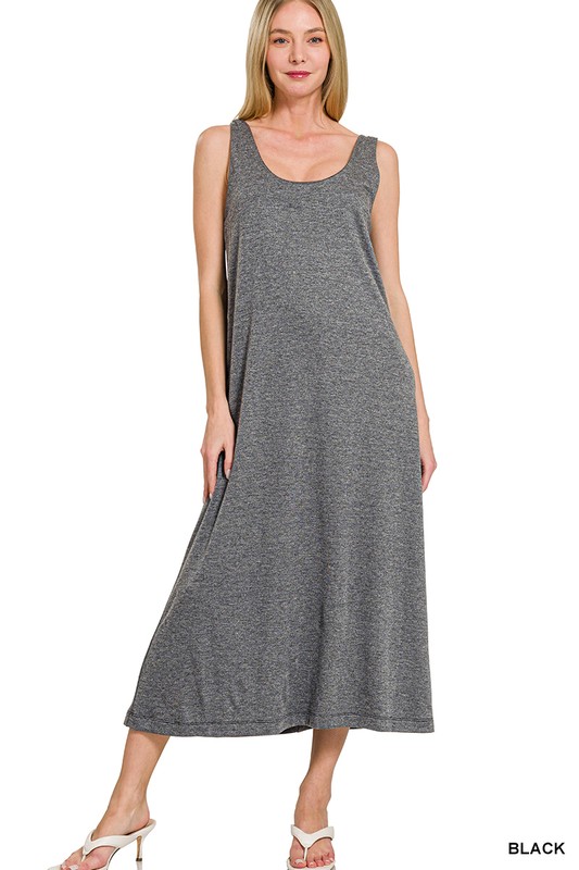 French Terry Twisted Strap Midi Dress - Black