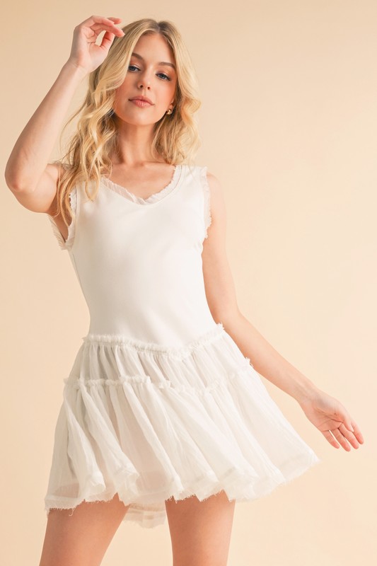 Frill Sleeveless Drop Waist Mini Dress - White