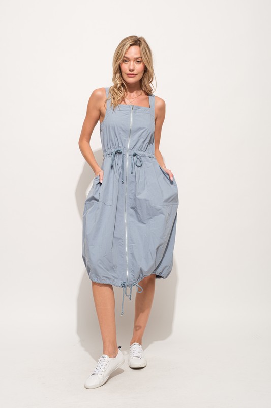 Front Zipper Overall Dress with String Details - Slate