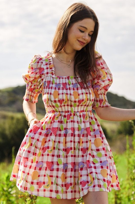 Fruits Printed Smocking Mini Dress - Pink