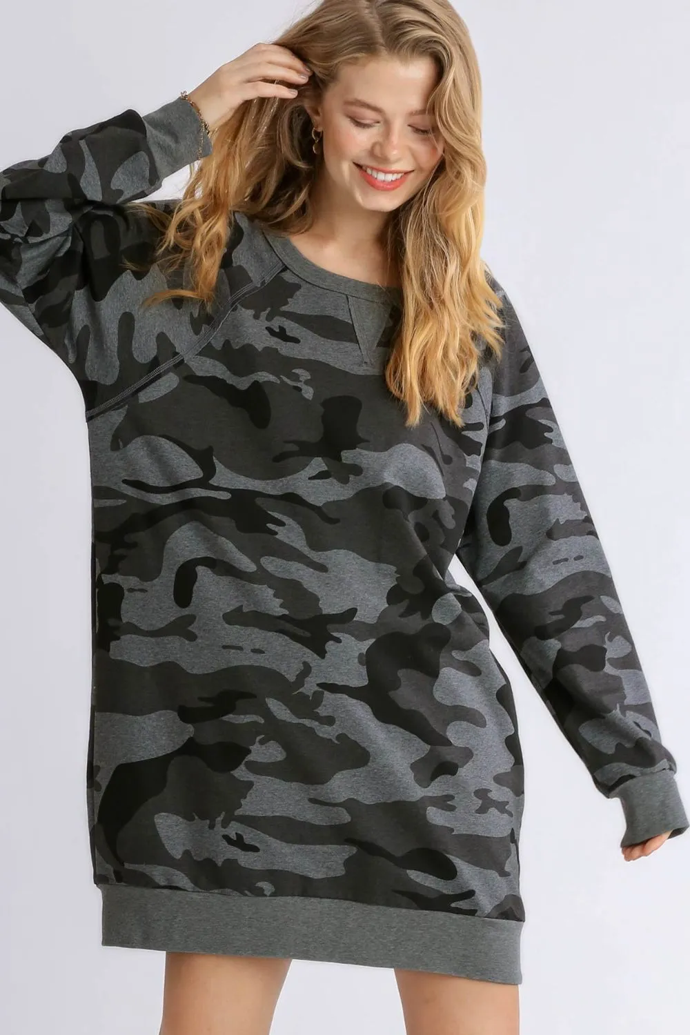 Full Size Camo Print Ribbed Hem French Terry Mini Dress Plus Size - Dark Gray