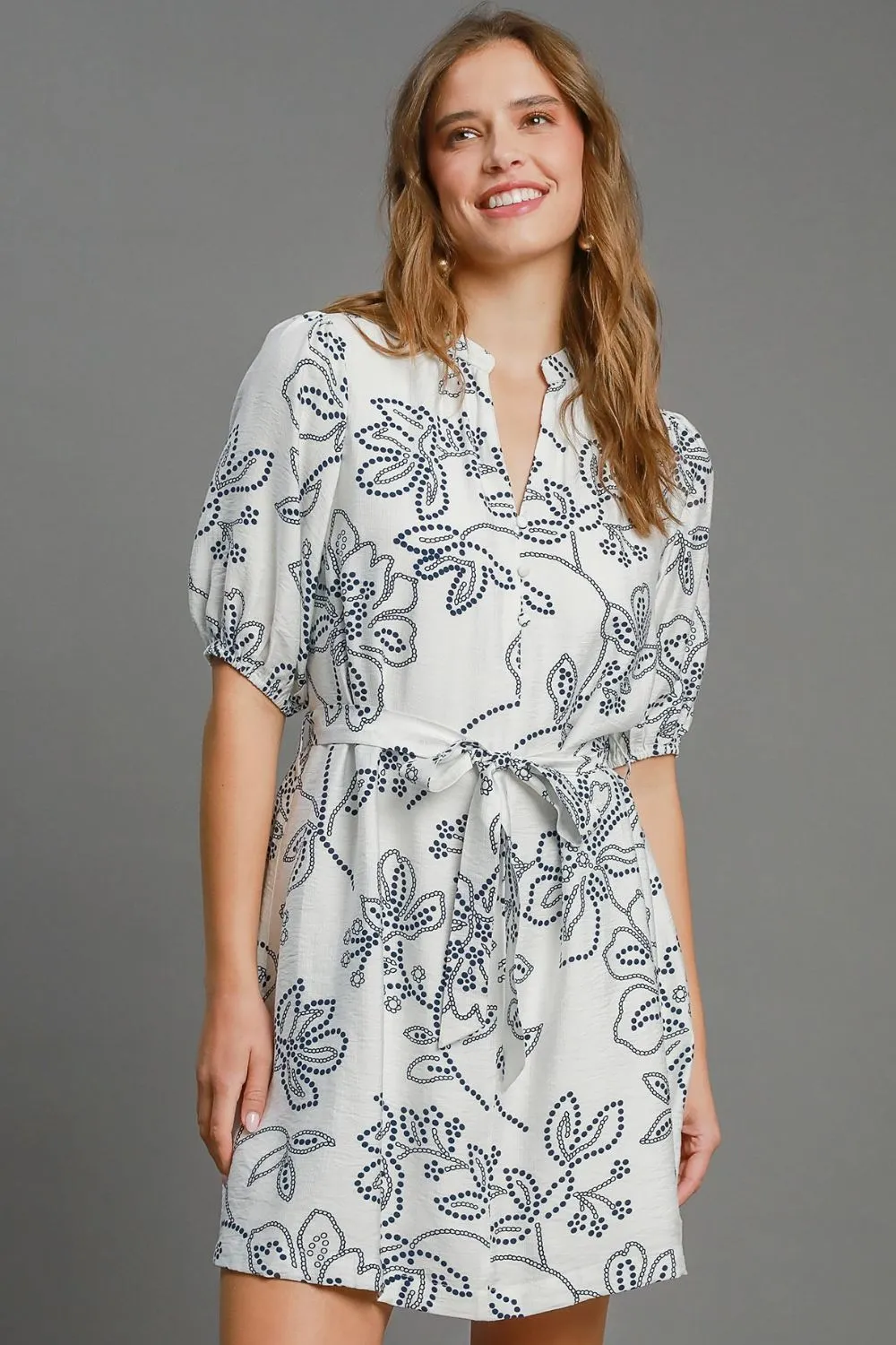 Full Size Floral Print Notched Puff Sleeve Mini Dress Plus Size - Off White