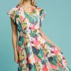 Full Size Leaf Print Cap Sleeve Tiered Midi Dress Plus Size - Orange Mix