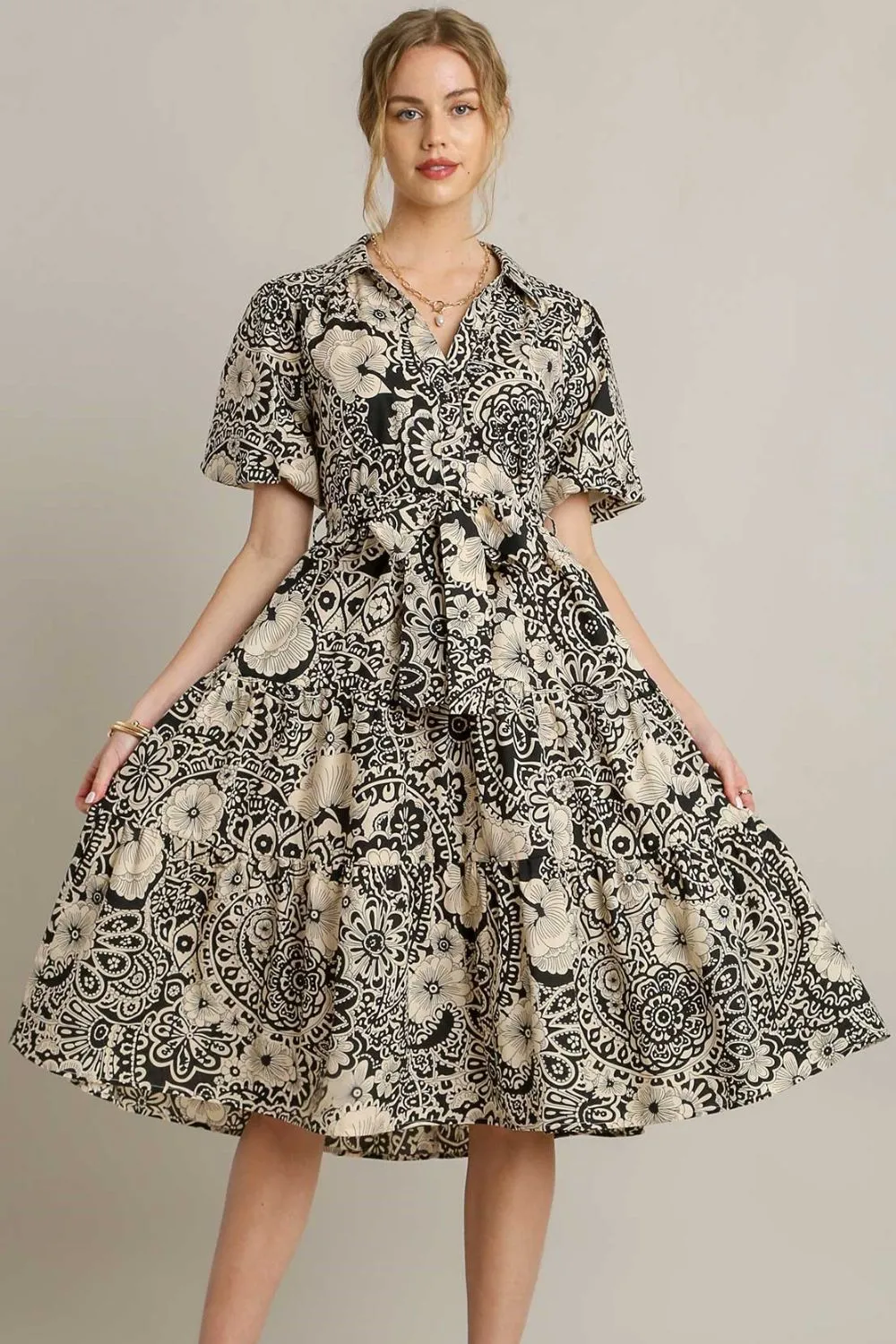 Full Size Mixed Print A-Line Tiered Midi Dress Plus Size - Black