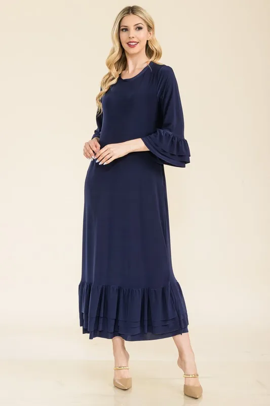 Full Size Modest Midi Dress with 3/4 Ruffle Bell Sleeves Plus Size - Navy