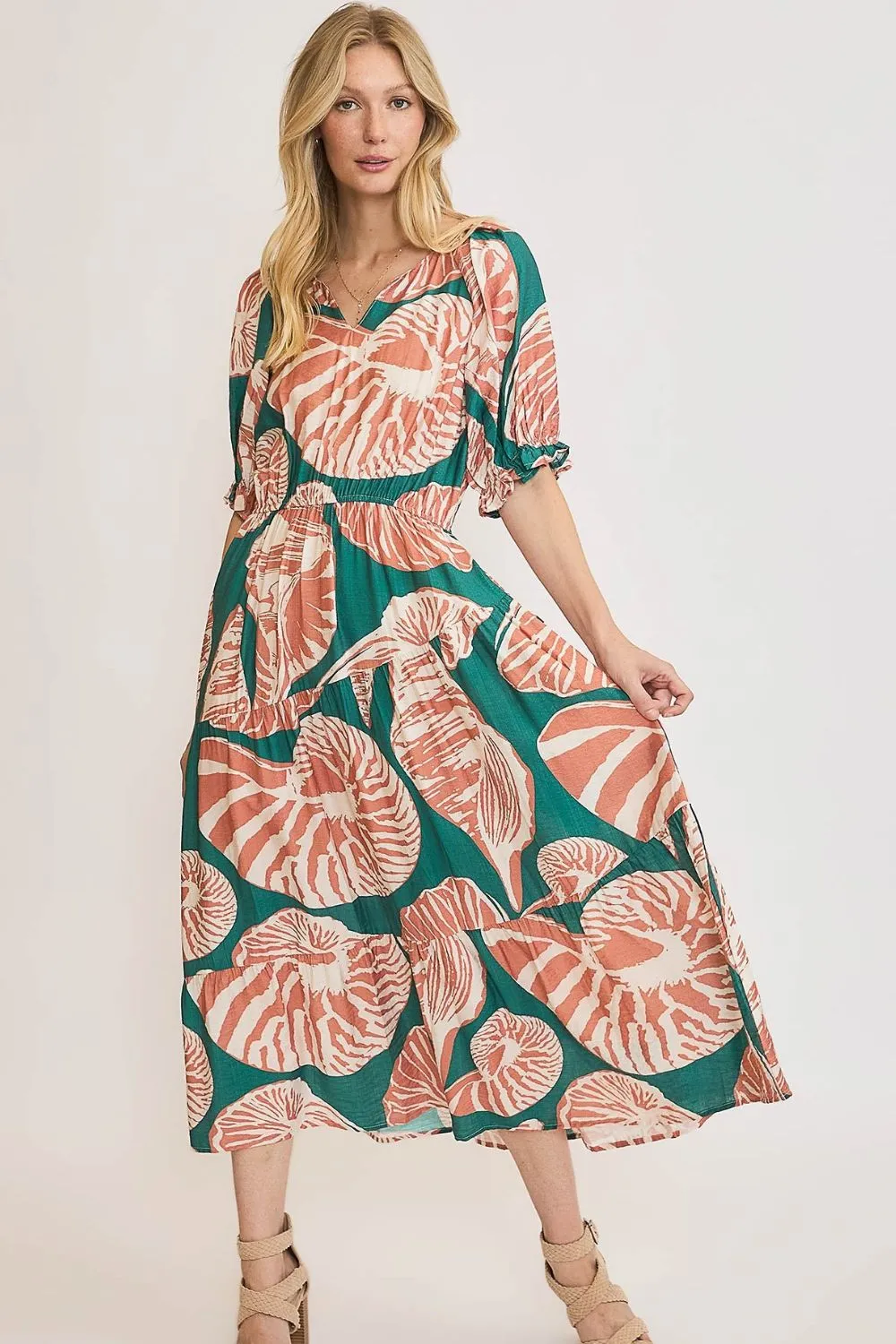 Full Size Printed Notched Puff Sleeve Midi Dress Plus Size - Green/Clay