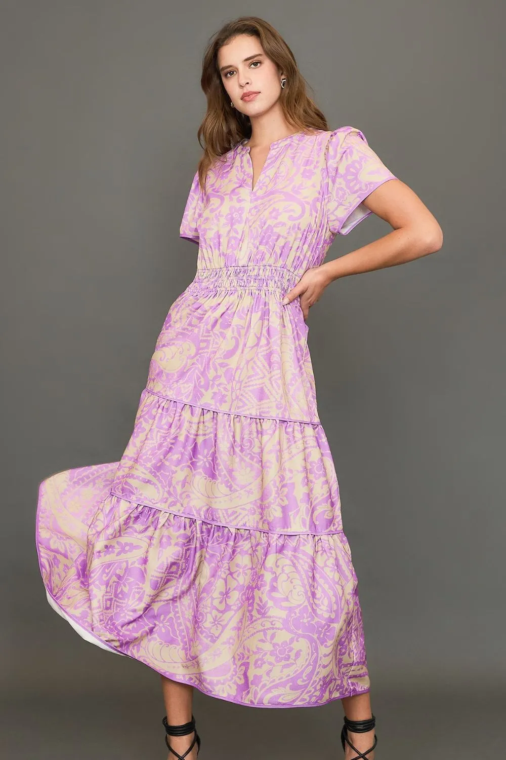 Full Size Printed Notched Short Sleeve Tiered Dress Plus Size - Heliotrope Purple